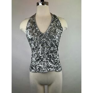 Vintage Silver Grey Silk Sequin Tie Halter Top‎ One Size